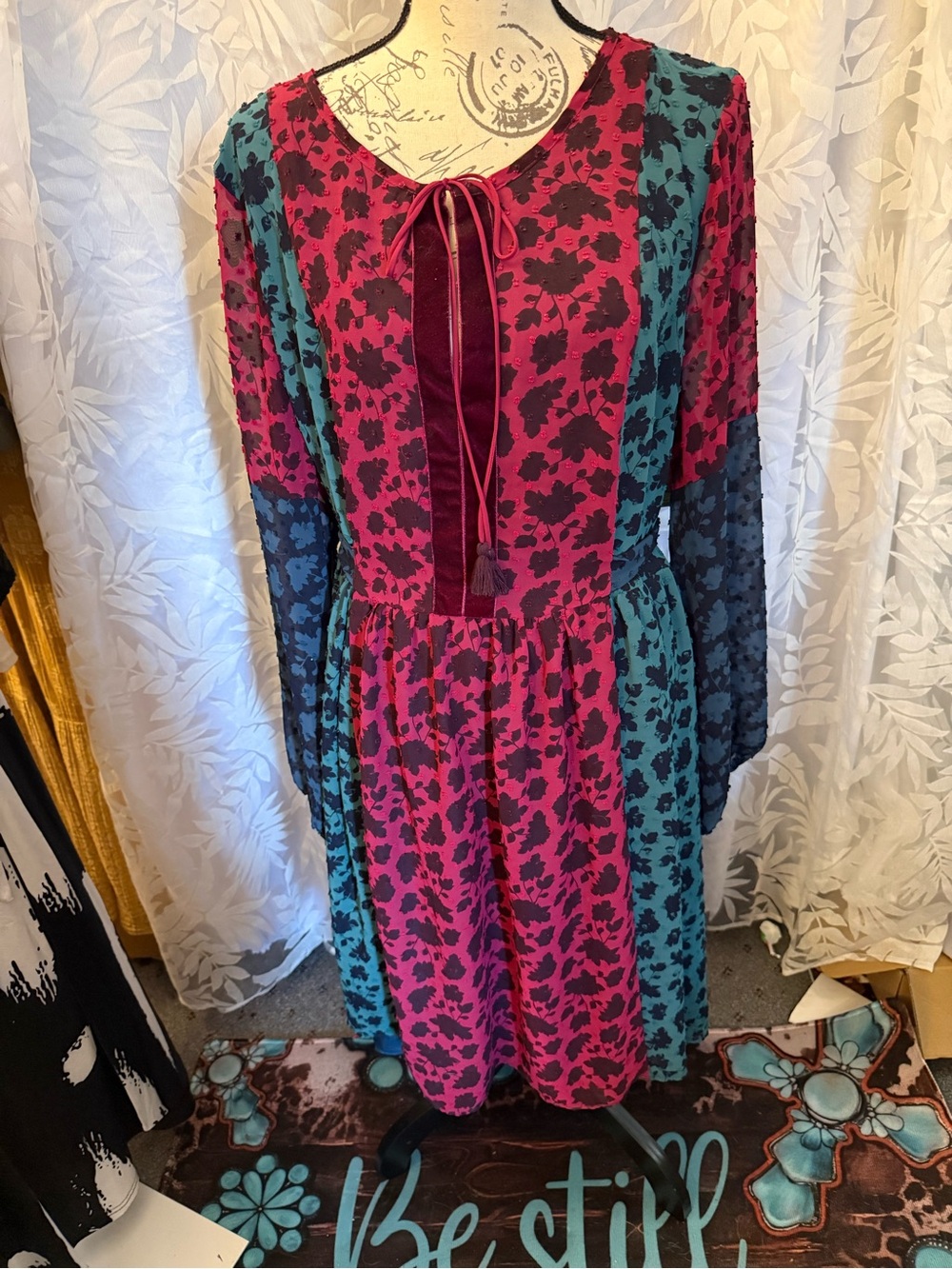 Matilda Jane Magenta & Teal Floral Patchwork Long Sleeve Dress